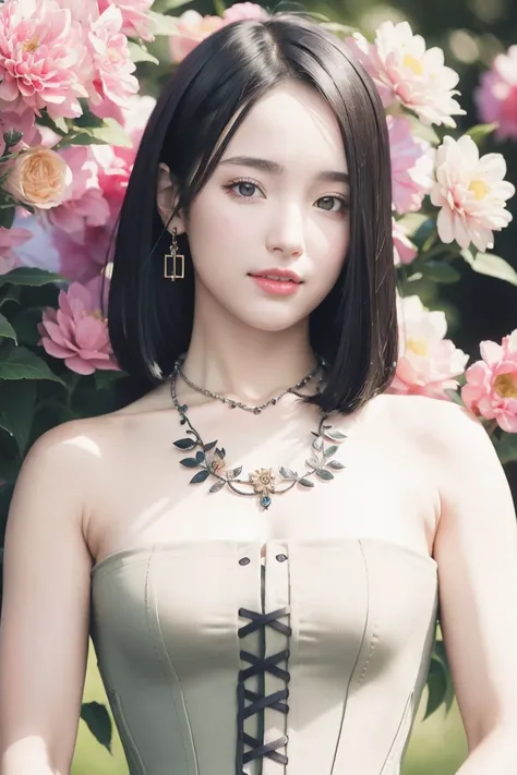 best quality, masterpiece, (photorealistic:1.4), 1 girl, upper body, corset, necklace, cute, flowers around, outside, Face Details:1.7 <lora:Sohee-01:1>