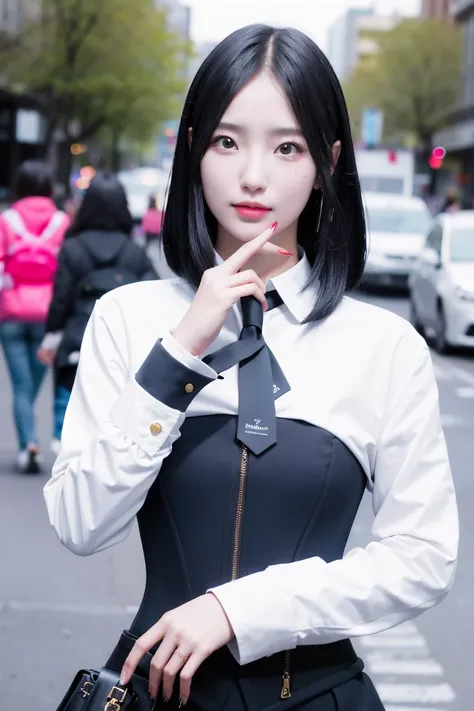 ((masterpiece)), (best quality), photorealistic, best quality, 1 girl, corset, looking at viewer, in street, Face details:1.4, upper body, Close UP, <lora:Sohee-01:1>