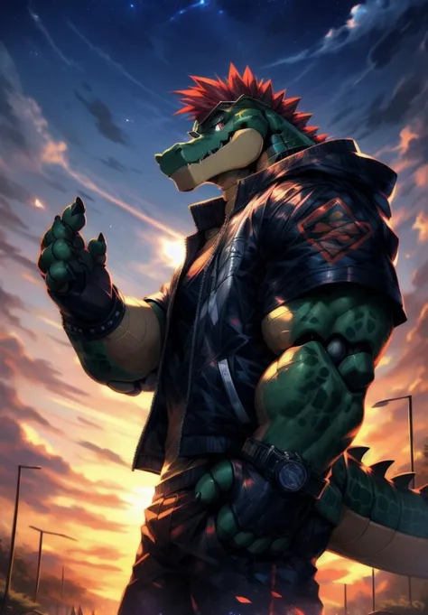 <lora:nj5furry-v2:1>, nj5furry, masterpiece, best quality, high resolution, digital painting \(artwork\), by (by canyne khai, (by takemoto arashi), by null-ghost, by kiyosan, by milkytiger1145), <lora:montgomerygator-v1-locon:1>, montgomerygator, mecha, animatronic, joints, robot joints, robot, non-humanoid robot, solo, (((full body, scenic view))), 1male anthro, 1boy, scalie, alligator, red mohawk, star sunglasses, red electric guitar, crocodile tail, full body, t-shirt, black t-shirt, standing, on rooftop, railings, clothed, jacket, hooded jacket, open jacket, purple jacket, wrist watch, digital watch, gloves, fingerless gloves, sneakers, pants, detailed eyes, red eyes, glowing eyes, glistening eyes, shadows, grin, grinning, glowing light particles, light particles, glowing bubbles, clouds, shadows, outdoors, patio, background, afternoon, sunlight, sunrays, glowing, stars, shooting stars, sky, clouds, detailed clouds, lens reflections, <lora:MoreDetails:0.8>, <lora:JW:0.7>