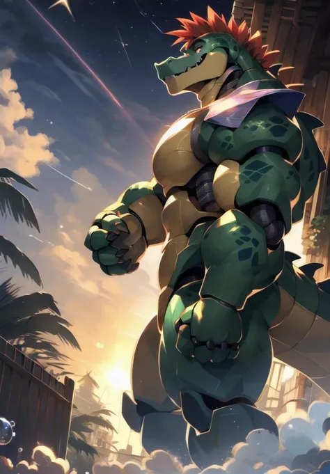 <lora:nj5furry-v2:1>, nj5furry, masterpiece, best quality, high resolution, digital painting \(artwork\), by (by canyne khai, (by takemoto arashi), by null-ghost, by kiyosan, by milkytiger1145), <lora:montgomerygator-v1-locon:1>, montgomerygator, mecha, animatronic, joints, robot joints, robot, non-humanoid robot, solo, 1male anthro, 1boy, scalie, alligator, red mohawk, star sunglasses, crocodile tail, full body, detailed eyes, red eyes, glowing eyes, glistening eyes, shadows, grin, grinning, glowing light particles, light particles, glowing bubbles, clouds, shadows, outdoors, patio, backyard, detailed background, afternoon, sunlight, sunrays, glowing, stars, shooting stars, sky, clouds, detailed clouds, lens reflections.