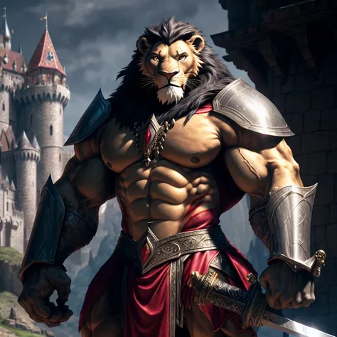 A large muscular ((anthro muscle lion)) knight wearing a (tight white and red armor) (swinging a sword) over his head shield standing in front of a castle. broad shoulders, big biceps, big pecs, male focus, detailed lion face, high quality, best quality, concept art, photorealistic, octane render, unreal engine, sharp focus <lora:nj5furry:0.8>