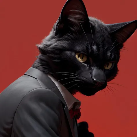 Black cat,male,face focus,nj5furry,highres,25 years old,gentle,polite,simple red background,skinny,grey suit,(from side:1.5),smirk,,looking ahead,looking back,looking at viewer, <lora:nj5furry-v2:1> <lora:more_details:0.2>