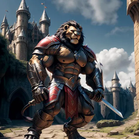 A large muscular ((anthro muscle lion)) knight wearing a (tight white and red armor) (swinging a sword) over his head shield standing in front of a castle. broad shoulders, big biceps, big pecs, male focus, detailed lion face, high quality, best quality, concept art, photorealistic, octane render, unreal engine, sharp focus <lora:nj5furry:0.8>