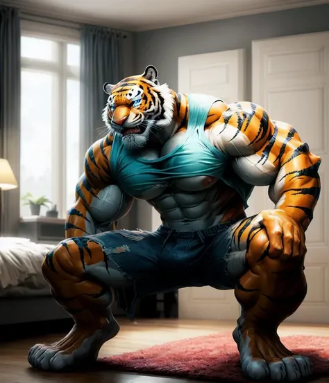 A human (((((transforming))))) into an (anthro muscle tiger) in his bedroom. (Torso of a tiger), (((human legs))), ((human feet)), (shocked expression), (ripped shirt) broad shoulders, big biceps, big pecs, big thighs, male focus, detailed tiger face, tiger tail, blue eyes, detailed eyes, high quality, best quality, concept art, photorealistic, octane render, unreal engine, sharp focus <lora:nj5furry:0.8>