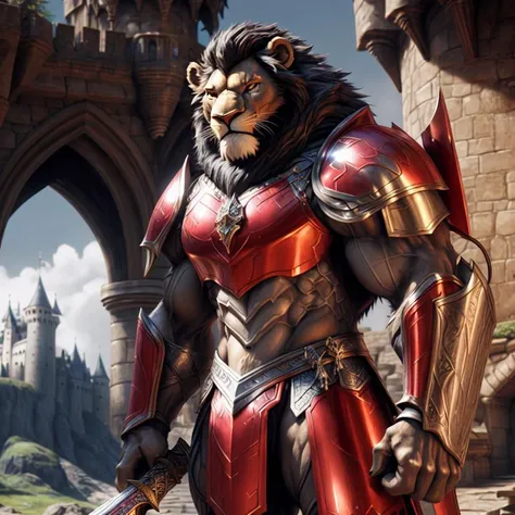 A large muscular ((anthro muscle lion)) knight wearing a (tight white and red armor) holding a sword and shield standing in front of a castle. broad shoulders, male focus, detailed lion face, high quality, best quality, concept art, photorealistic, octane render, unreal engine, sharp focus <lora:nj5furry:0.8>