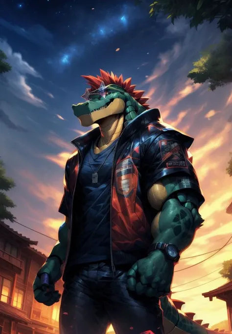 <lora:nj5furry-v2:1>, nj5furry, masterpiece, best quality, high resolution, digital painting \(artwork\), by (by canyne khai, (by takemoto arashi), by null-ghost, by kiyosan, by milkytiger1145), <lora:montgomerygator-v1-locon:1>, montgomerygator, mecha, animatronic, joints, robot joints, robot, non-humanoid robot, solo, (((full body, scenic view))), 1male anthro, 1boy, scalie, alligator, red mohawk, star sunglasses, red electric guitar, crocodile tail, full body, t-shirt, black t-shirt, standing, on rooftop, railings, clothed, jacket, hooded jacket, open jacket, purple jacket, wrist watch, digital watch, gloves, fingerless gloves, sneakers, pants, detailed eyes, red eyes, glowing eyes, glistening eyes, shadows, grin, grinning, glowing light particles, light particles, glowing bubbles, clouds, shadows, outdoors, patio, background, afternoon, sunlight, sunrays, glowing, stars, shooting stars, sky, clouds, detailed clouds, lens reflections, <lora:MoreDetails:0.8>, <lora:JW:0.7>
