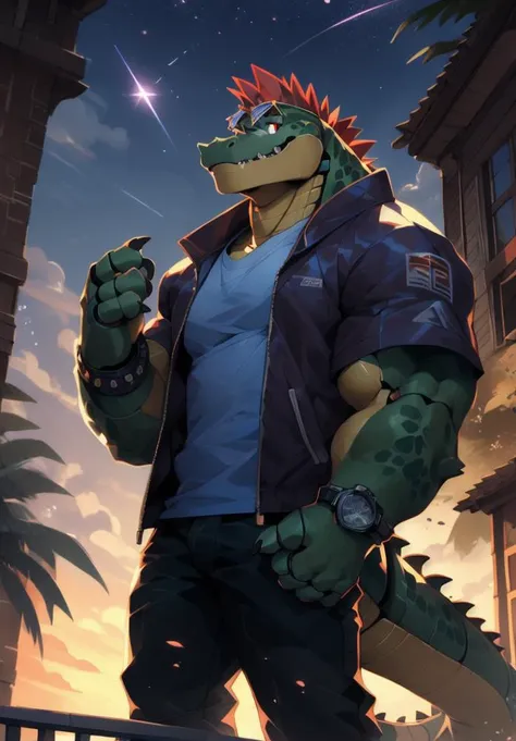 <lora:nj5furry-v2:1>, nj5furry, masterpiece, best quality, high resolution, digital painting \(artwork\), by (by canyne khai, (by takemoto arashi), by null-ghost, by kiyosan, by milkytiger1145), <lora:montgomerygator-v1-locon:1>, montgomerygator, mecha, animatronic, joints, robot joints, robot, non-humanoid robot, solo, 1male anthro, 1boy, scalie, alligator, red mohawk, star sunglasses, crocodile tail, full body, t-shirt, black t-shirt, standing, on rooftop, railings, clothed, jacket, hooded jacket, open jacket, purple jacket, wrist watch, digital watch, gloves, fingerless gloves, sneakers, pants, detailed eyes, red eyes, glowing eyes, glistening eyes, shadows, grin, grinning, glowing light particles, light particles, glowing bubbles, clouds, shadows, outdoors, patio, background, afternoon, sunlight, sunrays, glowing, stars, shooting stars, sky, clouds, detailed clouds, lens reflections.