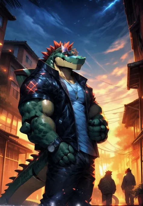 <lora:nj5furry-v2:1>, nj5furry, masterpiece, best quality, high resolution, digital painting \(artwork\), by (by canyne khai, (by takemoto arashi), by null-ghost, by kiyosan, by milkytiger1145), <lora:montgomerygator-v1-locon:1>, montgomerygator, mecha, animatronic, joints, robot joints, robot, non-humanoid robot, solo, (((full body, scenic view))), 1male anthro, 1boy, scalie, alligator, red mohawk, star sunglasses, red electric guitar, crocodile tail, full body, t-shirt, black t-shirt, standing, on rooftop, railings, clothed, jacket, hooded jacket, open jacket, purple jacket, wrist watch, digital watch, gloves, fingerless gloves, sneakers, pants, detailed eyes, red eyes, glowing eyes, glistening eyes, shadows, grin, grinning, glowing light particles, light particles, glowing bubbles, clouds, shadows, outdoors, patio, background, afternoon, sunlight, sunrays, glowing, stars, shooting stars, sky, clouds, detailed clouds, lens reflections, <lora:MoreDetails:0.8>, <lora:JW:0.7>