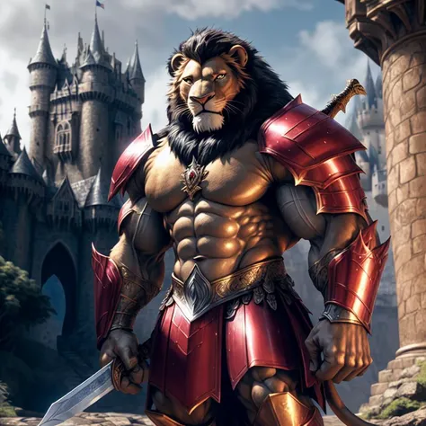A large muscular ((anthro muscle lion)) knight wearing a (tight white and red armor) holding a sword and shield standing in front of a castle. broad shoulders, big biceps, big pecs, male focus, detailed lion face, high quality, best quality, concept art, photorealistic, octane render, unreal engine, sharp focus <lora:nj5furry:0.8>