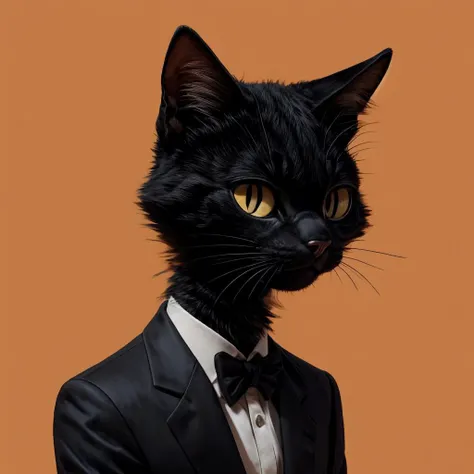 Black cat,face focus,nj5furry,highres,25 years old,gentle,polite,simple orange background,skinny,suit,from side <lora:nj5furry-v2:1> <lora:more_details:0.2>