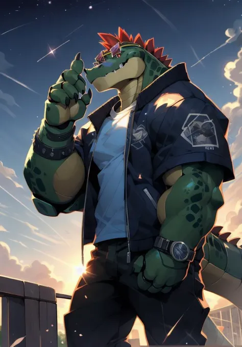 <lora:nj5furry-v2:1>, nj5furry, masterpiece, best quality, high resolution, digital painting \(artwork\), by (by canyne khai, (by takemoto arashi), by null-ghost, by kiyosan, by milkytiger1145), <lora:montgomerygator-v1-locon:1>, montgomerygator, mecha, animatronic, joints, robot joints, robot, non-humanoid robot, solo, 1male anthro, 1boy, scalie, alligator, red mohawk, star sunglasses, crocodile tail, full body, t-shirt, black t-shirt, standing, on rooftop, railings, clothed, jacket, hooded jacket, open jacket, purple jacket, wrist watch, digital watch, gloves, fingerless gloves, sneakers, pants, detailed eyes, red eyes, glowing eyes, glistening eyes, shadows, grin, grinning, glowing light particles, light particles, glowing bubbles, clouds, shadows, outdoors, patio, background, afternoon, sunlight, sunrays, glowing, stars, shooting stars, sky, clouds, detailed clouds, lens reflections.