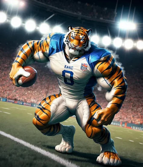 A human football player (((((transforming))))) into an (anthro muscle tiger) on an American football field. (Torso of a tiger), (((human legs))), ((human feet)), (shocked expression), (ripped football jersey), broad shoulders, big biceps, big pecs, big thighs, male focus, detailed tiger face, tiger tail, blue eyes, detailed eyes, high quality, best quality, concept art, photorealistic, octane render, unreal engine, sharp focus <lora:nj5furry:0.8>