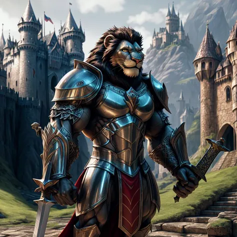 A large muscular ((anthro muscle lion)) knight wearing a (tight white and red armor) holding a sword and shield standing in front of a castle. broad shoulders, male focus, detailed lion face, high quality, best quality, concept art, photorealistic, octane render, unreal engine, sharp focus <lora:nj5furry:0.8>