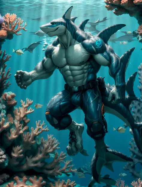 A large, muscular, handsome male (shark) (((swimming))) in a (((coral reef))). ((torn scuba gear)), broad shoulders, big biceps, big pecs, big thighs, (((big feet))), male focus, relaxed, (chiseled jawline), detailed eyes, high quality, best quality, concept art, photorealistic, octane render, unreal engine, sharp focus <lora:nj5furry:0.3>