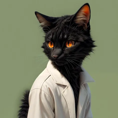 Black cat,face focus,nj5furry,highres,25 years old,gentle,polite,simple green background,skinny,white duster coat,from side,(orange eyes:1.5), <lora:nj5furry-v2:1> <lora:more_details:0.2>