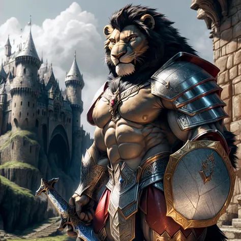 A large muscular ((anthro muscle lion)) knight wearing a (tight white and red armor) holding a sword and shield standing in front of a castle. broad shoulders, big biceps, big pecs, male focus, detailed lion face, high quality, best quality, concept art, photorealistic, octane render, unreal engine, sharp focus <lora:nj5furry:0.8>
