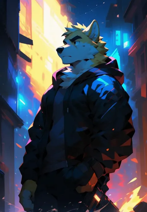 (((solo))), masterpiece, ultra high quality, ultra high resolution, 4k, 8k, ((detailed face, detailed eyes, detailed)), (full body:1.5, full shot angle:1.5), digital painting \(artwork\), by (by canyne khai, (by takemoto arashi), by null-ghost, by kiyosan, by milkytiger1145) BREAK outdoors, park, night, dark, standing, pose, battle, blood on body, weapon, gun, Futuristic rifle, Futuristic battle rifle, ((beautiful black eyes, furry, CooperRTF, Wolf, yellow fur, yellow body, yellow hair, scar on eye)), ((serious:1.6, small body:1.6, teenager:1.6)) BREAK (Black Hoodie, Red Hood, TechWear Clothing) BREAK (front angle shot:1.2, low angle shot:1.2, facing viewer), <lora:JW:0.6>, <lora:epiNoiseoffset_v2-pynoise:0.4>, <lora:depth:0.3>, <lora:MoreDetails:0.2>, AS-YoungV2 Positive prompt at strength of 1.0 to 1.3. Teenager:1.3, <lora:Iztli:0.4>, <lora:FurryCoreV2New:0.3>, <lora:nj5furry-v2:0.2>, <lora:NijiExpressV2-Letterboxed,Illustration,-EasyNegative,-BadHand:0.4>, <lora:BeautifulAnimeEyes:0.9>, <lora:RememberTheFlowers-CooperRTF, Yellow Fur, Yellow Hair, Black Eyes, Red Hood, Black Hoodie, Scar On Eye:0.8>