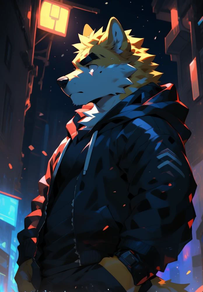 (((solo))), masterpiece, ultra high quality, ultra high resolution, 4k, 8k, ((detailed face, detailed eyes, detailed)), (full body:1.5, full shot angle:1.5), digital painting \(artwork\), by (by canyne khai, (by takemoto arashi), by null-ghost, by kiyosan, by milkytiger1145) BREAK outdoors, park, night, dark, standing, pose, battle, blood on body, weapon, gun, Futuristic rifle, Futuristic battle rifle, ((beautiful black eyes, furry, CooperRTF, Wolf, yellow fur, yellow body, yellow hair, scar on eye)), ((serious:1.6, small body:1.6, ager:1.6)) BREAK (Black Hoodie, Red Hood, TechWear Clothing) BREAK (front angle shot:1.2, low angle shot:1.2, facing viewer), <lora:JW:0.6>, <lora:epiNoiseoffset_v2-pynoise:0.4>, <lora:depth:0.3>, <lora:MoreDetails:0.2>, AS-YoungV2 Positive prompt at strength of 1.0 to 1.3. Teen:1.3, <lora:Iztli:0.4>, <lora:FurryCoreV2New:0.3>, <lora:nj5furry-v2:0.2>, <lora:NijiExpressV2-Letterboxed,Illustration,-EasyNegative,-BadHand:0.4>, <lora:BeautifulAnimeEyes:0.9>, <lora:RememberTheFlowers-CooperRTF, Yellow Fur, Yellow Hair, Black Eyes, Red Hood, Black Hoodie, Scar On Eye:0.8>