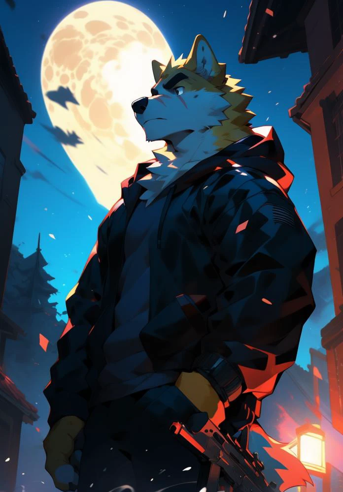 (((solo))), masterpiece, ultra high quality, ultra high resolution, 4k, 8k, ((detailed face, detailed eyes, detailed)), (full body:1.5, full shot angle:1.5), digital painting \(artwork\), by (by canyne khai, (by takemoto arashi), by null-ghost, by kiyosan, by milkytiger1145) BREAK outdoors, park, night, dark, standing, pose, battle pose, battle, blood, weapon, gun, Futuristic rifle, Futuristic battle rifle, ((beautiful black eyes, furry, CooperRTF, Wolf, yellow fur, yellow hair, scar on eye)), ((serious:1.6, small body:1.6, ager:1.6)) BREAK (Black Hoodie, Red Hood, TechWear Clothing) BREAK (front angle shot:1.2, low angle shot:1.2), <lora:JW:0.6>, <lora:epiNoiseoffset_v2-pynoise:0.4>, <lora:depth:0.3>, <lora:MoreDetails:0.2>, AS-YoungV2 Positive prompt at strength of 1.0 to 1.3. Teen:1.3, <lora:Iztli:0.4>, <lora:FurryCoreV2New:0.3>, <lora:nj5furry-v2:0.2>, <lora:NijiExpressV2-Letterboxed,Illustration,-EasyNegative,-BadHand:0.4>, <lora:BeautifulAnimeEyes:0.9>, <lora:RememberTheFlowers-CooperRTF, Yellow Fur, Yellow Hair, Black Eyes, Red Hood, Black Hoodie, Scar On Eye:0.8>