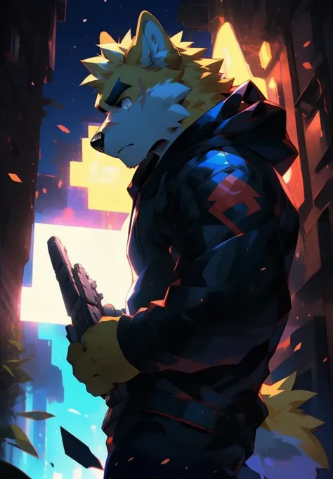 (((solo))), masterpiece, ultra high quality, ultra high resolution, 4k, 8k, ((detailed face, detailed eyes, detailed)), (full body:1.5, full shot angle:1.5), digital painting \(artwork\), by (by canyne khai, (by takemoto arashi), by null-ghost, by kiyosan, by milkytiger1145) BREAK outdoors, park, night, dark, standing, pose, battle pose, battle, blood, weapon, gun, Futuristic rifle, Futuristic battle rifle, ((beautiful black eyes, furry, CooperRTF, Wolf, yellow fur, yellow hair, scar on eye)), ((serious:1.6, small body:1.6, teenager:1.6)) BREAK (Black Hoodie, Red Hood, TechWear Clothing) BREAK (front angle shot:1.2, low angle shot:1.2), <lora:JW:0.6>, <lora:epiNoiseoffset_v2-pynoise:0.4>, <lora:depth:0.3>, <lora:MoreDetails:0.2>, AS-YoungV2 Positive prompt at strength of 1.0 to 1.3. Teenager:1.3, <lora:Iztli:0.4>, <lora:FurryCoreV2New:0.3>, <lora:nj5furry-v2:0.2>, <lora:NijiExpressV2-Letterboxed,Illustration,-EasyNegative,-BadHand:0.4>, <lora:BeautifulAnimeEyes:0.9>, <lora:RememberTheFlowers-CooperRTF, Yellow Fur, Yellow Hair, Black Eyes, Red Hood, Black Hoodie, Scar On Eye:0.8>