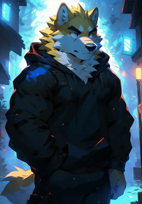 (((solo))), masterpiece, ultra high quality, ultra high resolution, 4k, 8k, ((detailed face, detailed eyes, detailed)), (full body:1.5, full shot angle:1.5), digital painting \(artwork\), by (by canyne khai, (by takemoto arashi), by null-ghost, by kiyosan, by milkytiger1145) BREAK outdoors, park, night, dark, standing, pose, battle, blood on body, weapon, gun, Futuristic rifle, Futuristic battle rifle, ((beautiful black eyes, furry, CooperRTF, Wolf, yellow fur, yellow body, yellow hair, scar on eye)), ((serious:1.6, small body:1.6, teenager:1.6)) BREAK (Black Hoodie, Red Hood, TechWear Clothing) BREAK (front angle shot:1.2, low angle shot:1.2, facing viewer), <lora:JW:0.6>, <lora:epiNoiseoffset_v2-pynoise:0.4>, <lora:depth:0.3>, <lora:MoreDetails:0.2>, AS-YoungV2 Positive prompt at strength of 1.0 to 1.3. Teenager:1.3, <lora:Iztli:0.4>, <lora:FurryCoreV2New:0.3>, <lora:nj5furry-v2:0.2>, <lora:NijiExpressV2-Letterboxed,Illustration,-EasyNegative,-BadHand:0.4>, <lora:BeautifulAnimeEyes:0.9>, <lora:RememberTheFlowers-CooperRTF, Yellow Fur, Yellow Hair, Black Eyes, Red Hood, Black Hoodie, Scar On Eye:0.8>