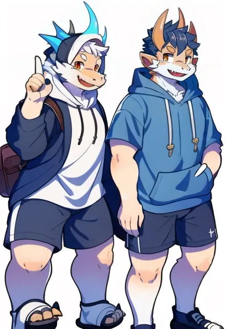 dragon,((dragon horn)),furry,multiple boys, shorts, 2boys, male focus, smile, hoodie, pointing, standing, bag