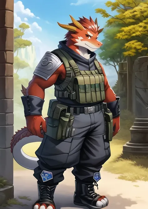 dragon,official art,(looking at viewer), realistic painting,special forces,anthro, male,solo