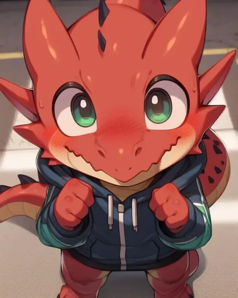 nj5furry, young, dragon, standing, high-angle view, looking at viewer, hoodie, street, male, happy, (red body:1.3), blush, big eyes