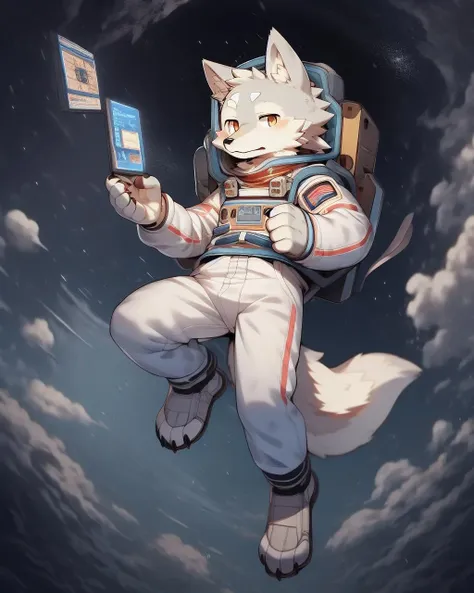 nj5furry, wolf, white fur,white body, kemono, full-length portrait, anthro, male, horns, detailed, hi res, astronaut, slim, universe