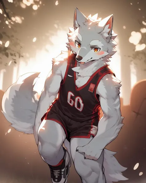 nj5furry, wolf, (white fur,white body:1.5), kemono, three-quarter portrait, anthro, male, horns, detailed, hi res, basketball uniform, young, slim