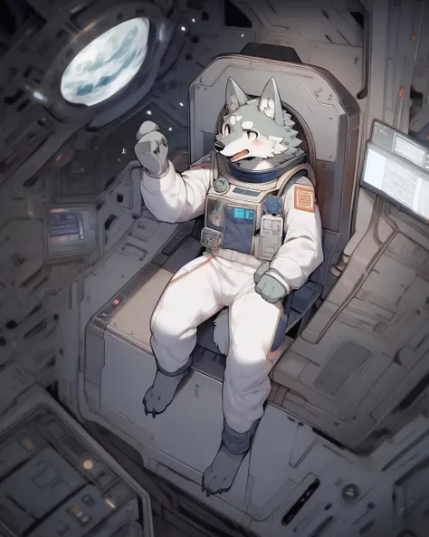 nj5furry, wolf, white fur,white body, kemono, full-length portrait, anthro, male, detailed, hi res, astronaut, slim, universe