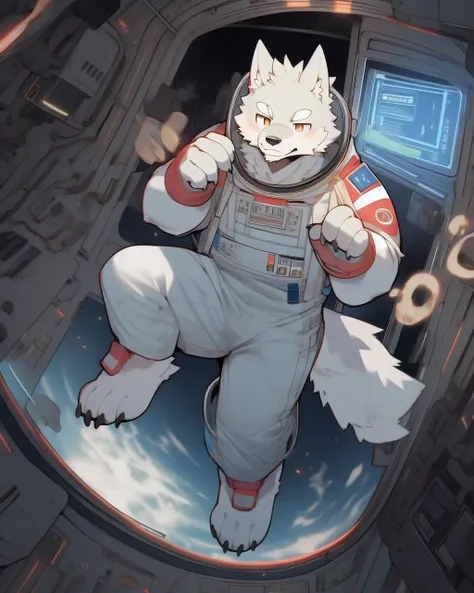 nj5furry, wolf, white fur,white body, kemono, full-length portrait, anthro, male, detailed, hi res, astronaut, universe