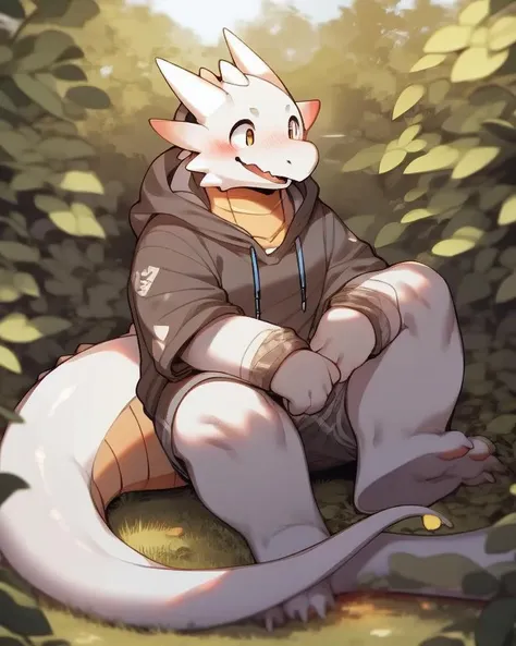 nj5furry, dragon, sitting, hoodie, nature, male, happy, white fur, white body, blush, <lora:nj5furry-000009:0.7>