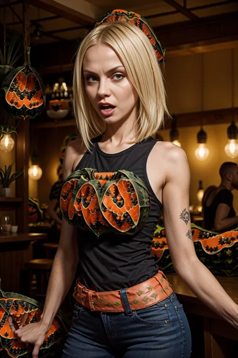 <lora:PapayaWorld:1> (PapayaWorld:1.1) (1woman blonde:1.2) (sexy skinny punk clothes:1.2) working in a restaurant, (angry , shouting to people:1.4)