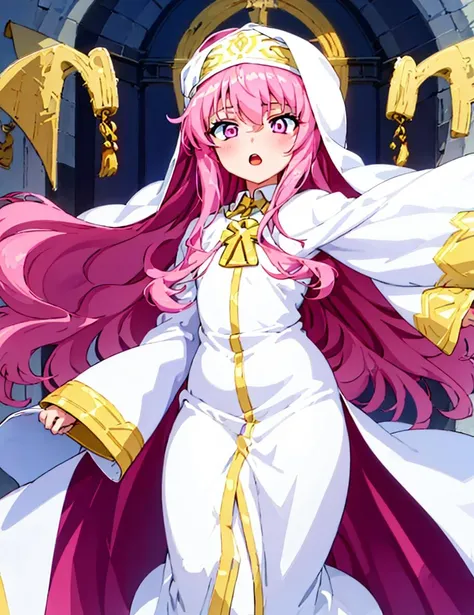 Louise Françoise Le Blanc de La Vallière,pink_hair,pink_eye、涙eye、blush、white_robe,robe,white_have,Ceremonial attire,nun