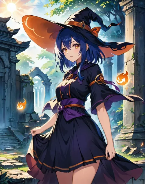 fantasy art, (masterpiece), best quality, highres, 4k, 8k, amazing quality, amazing shading, soft lighting, Illustration, official artwork, anime style, wallpaper, official art, outside some temple ruins, witch