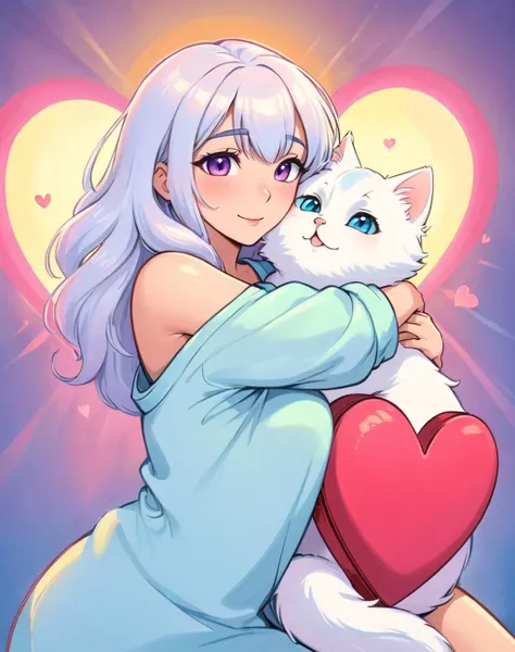 cartoon drawing of a lady hugging a white fluffy cat in a postal card in the middle of a big heart, pastel colors,, (masterpiece), best quality, highres, 4k, 8k, amazing quality, amazing shading, soft lighting, cartoon style, flat