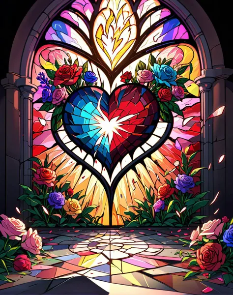 heart made of stained glass, shattered heart, fracture, flowers everywhere, dramatic scene, high lightning conditions, light comming from stained glass window, realistic photo, 3d render, intricate detail, extremely detailed, chromatic aberration, colorful, bright colors,