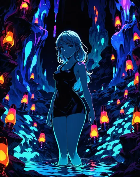 black light, bioluminescent, fluorescent, girl swimming inside giant lava lamp, psychedellic, HD, 8K, intricate detail, extremely detailed
