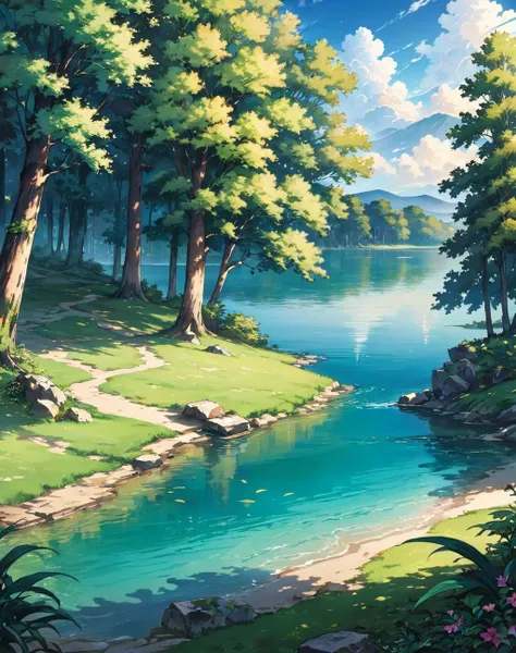 fantasy art, (masterpiece), best quality, highres, 4k, 8k, amazing quality, amazing shading, soft lighting, by a lake surrounded with trees, titan, ground, Illustration, official artwork, anime style, wallpaper, official art