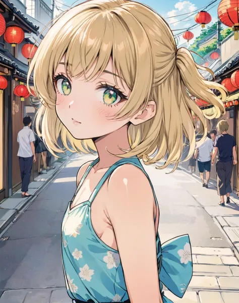 HD, 8K, Illustration, official artwork, anime style, wallpaper, official art, pastel colors,, 1girl, Side-swept bangs, small boobs, flat chest, Broad-shouldered body, silver eyes, Honey blonde hair, Slight head tilt pose, japanese festival street
