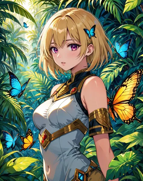 (masterpiece), best quality, highres, 4k, 8k, amazing quality, amazing shading, soft lighting, 1girl, Feathered haircut, small saggy boobs, Heavyset body, dark eyes, Blonde hair, ancient temple hidden in a lush, tropical jungle, where a female explorer discovers a magical artifact, surrounded by vibrant butterflies and exotic flora, intricate detail, extremely detailed, Illustration, official artwork, anime style, wallpaper, official art