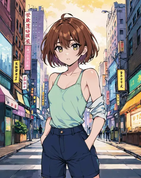 HD, 8K, Illustration, official artwork, anime style, wallpaper, official art, pastel colors,, 1girl, Pixie cut, small boobs, flat chest, Skinny body, dark eyes, Chestnut hair, Hands in pockets pose, in a city