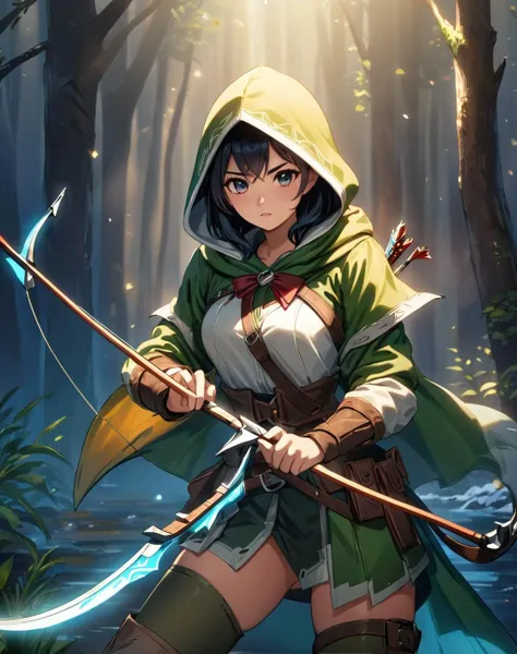 (masterpiece), best quality, highres, 4k, 8k, amazing quality, amazing shading, soft lighting, ranger, holding a bow and wearing a hood