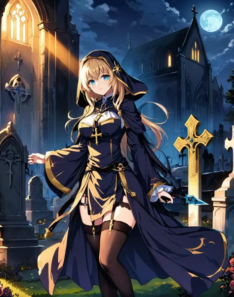 fantasy art, (masterpiece), best quality, highres, 4k, 8k, amazing quality, amazing shading, soft lighting, Illustration, official artwork, anime style, wallpaper, official art, graveyard at night, <lora:Saint XL:0.75> saint, wearing cleric robes and stockings