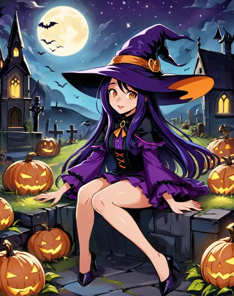 fantasy art, (masterpiece), best quality, highres, 4k, 8k, amazing quality, amazing shading, soft lighting, graveyard at night, witch, cartoon style, flat