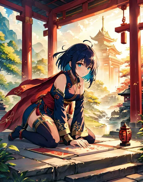 fantasy art, (masterpiece), best quality, highres, 4k, 8k, amazing quality, amazing shading, soft lighting, at a shrine, titan, wind, Illustration, official artwork, anime style, wallpaper, official art