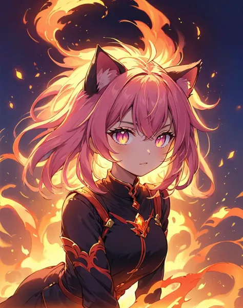 <lora:Fiery_aura_XL_-_Burning_passion:1> fiery aura, Illustration, official artwork, anime style, wallpaper, official art, normal, cat girl, artificer, cute art, chibbi anime style, cutesy,pastel colors,, (masterpiece), best quality, highres, 4k, 8k, amazing quality, amazing shading, soft lighting