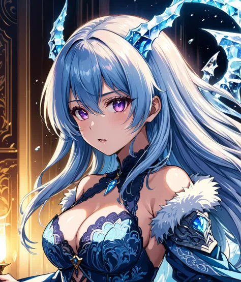 1 girl、Silver Hair、ponytail、Fantasy、witch、Blue clothes、Purple decoration、accessories、Villain、(Magical Items)、Bigger breasts、Goddess-like、whole body
