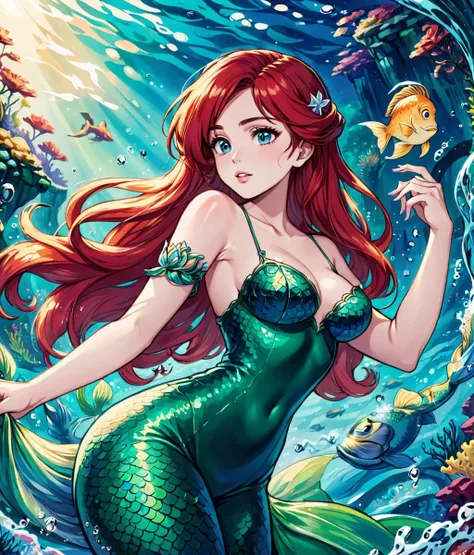 fantasy art, Ariel from little mermaid, intricate detail, extremely detailed, Illustration, official artwork, anime style, wallpaper, official art, HD, 8K